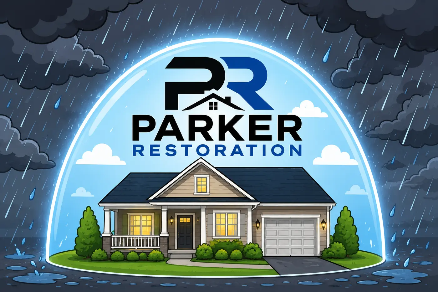 Parker Restoration home protected from heavy rain beneath a waterproof shield