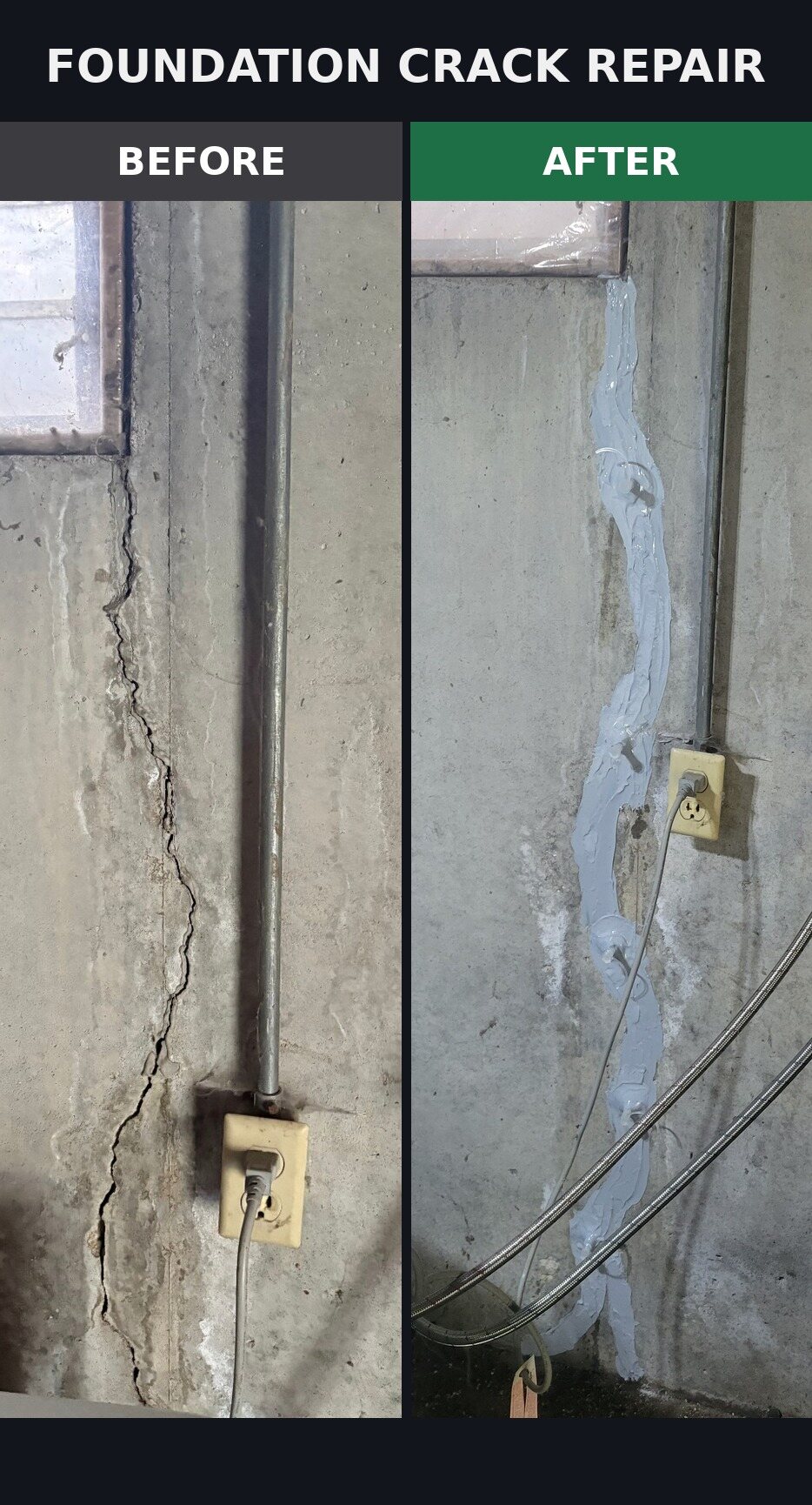 Before and after comparison of a repaired vertical foundation crack