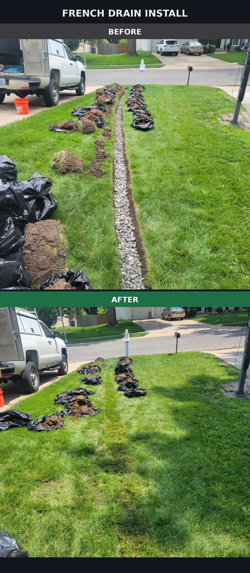 Before and after comparison of a residential French drain installation