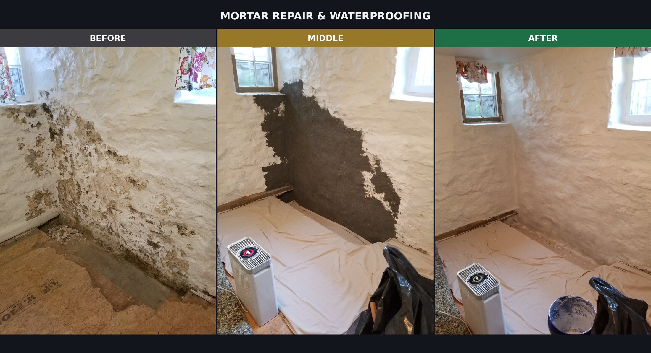 Before, during, and after stages of basement mortar repair and waterproofing